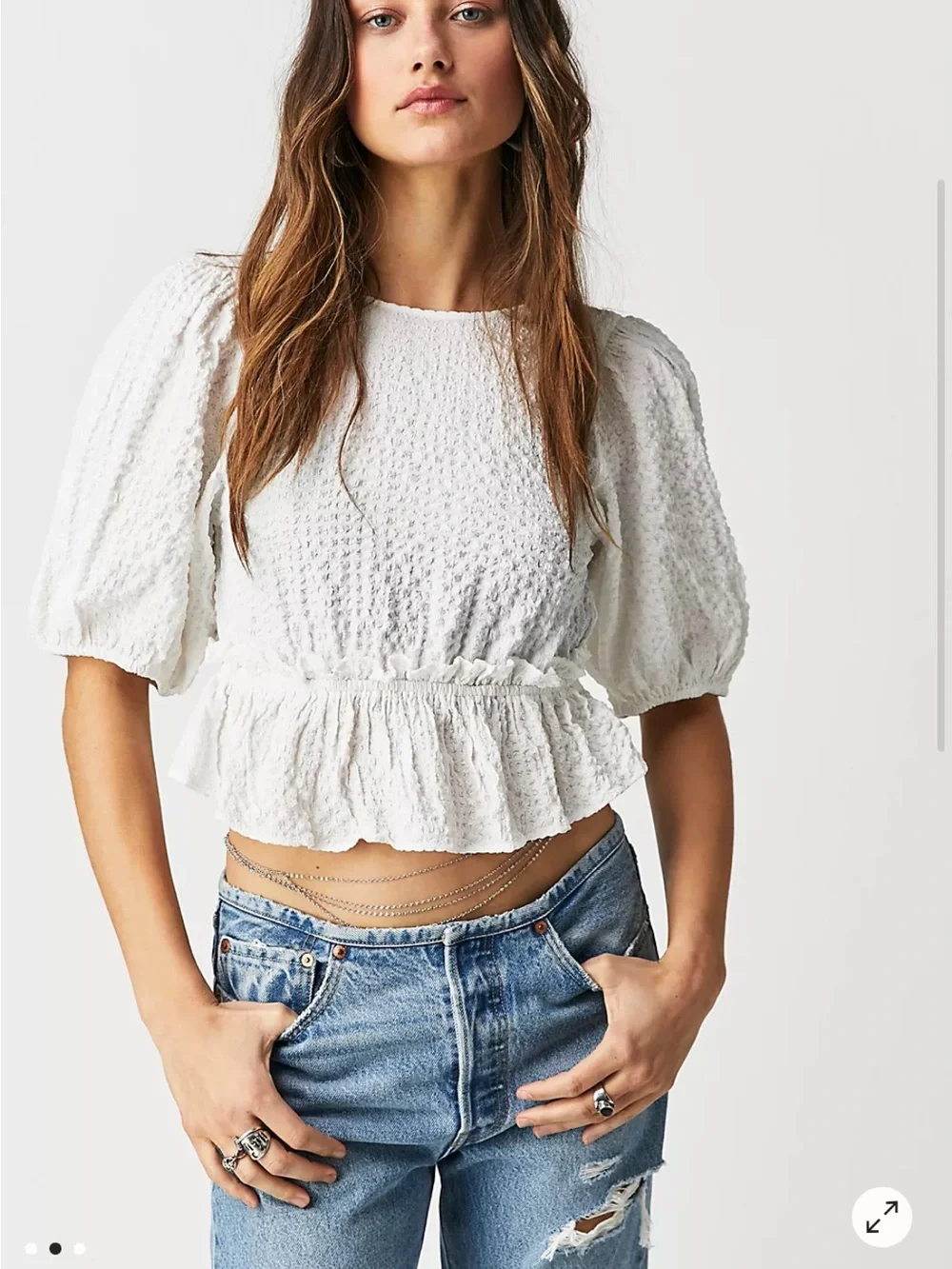 Free People White Textured Tie-Back Crop Top